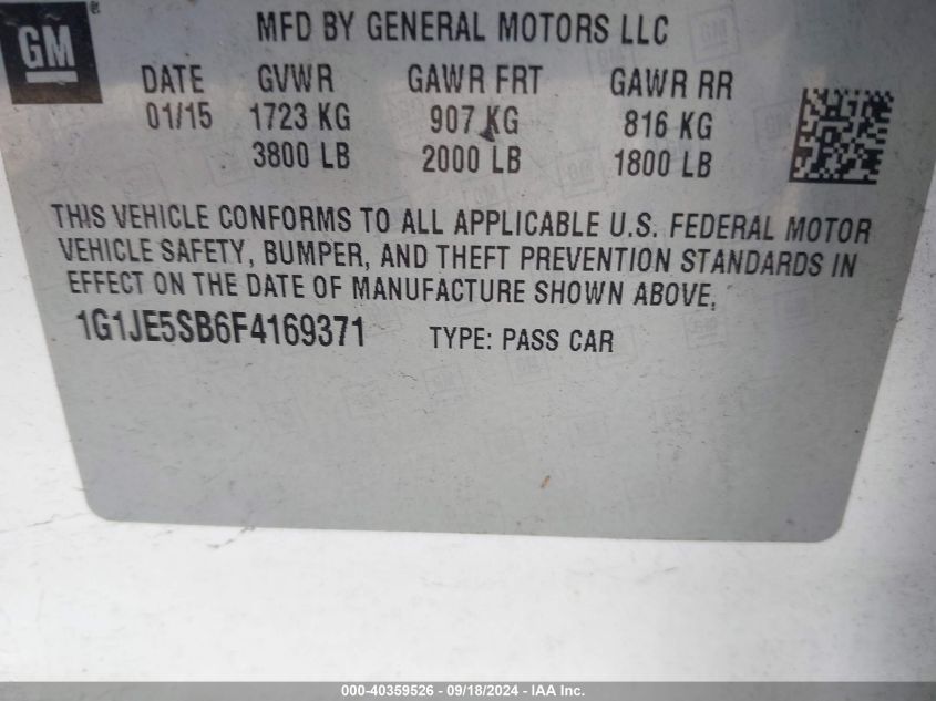 1G1JE5SB6F4169371 2015 Chevrolet Sonic Ltz Auto