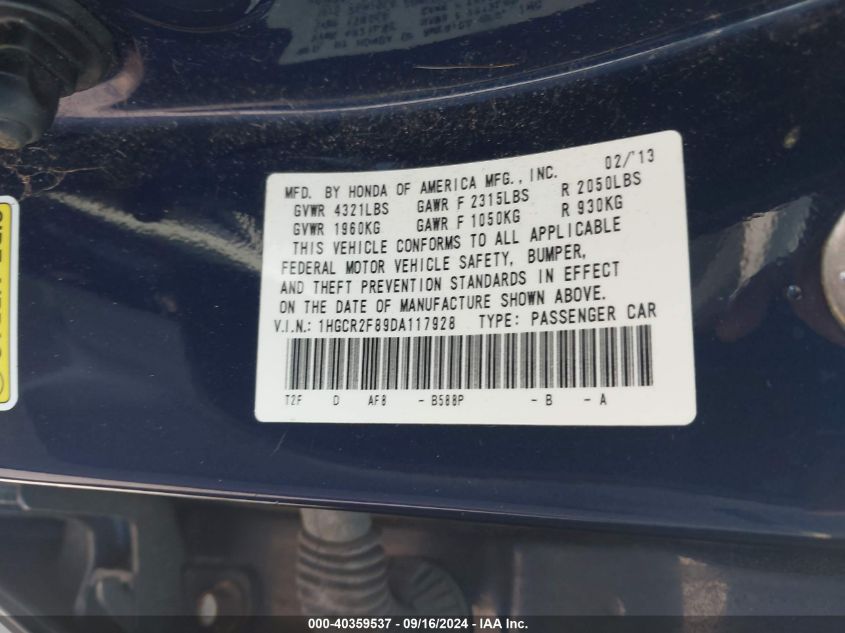 1HGCR2F89DA117928 2013 Honda Accord Ex-L