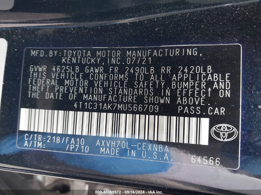 4T1C31AK7MU566709 2021 Toyota Camry Le Hybrid