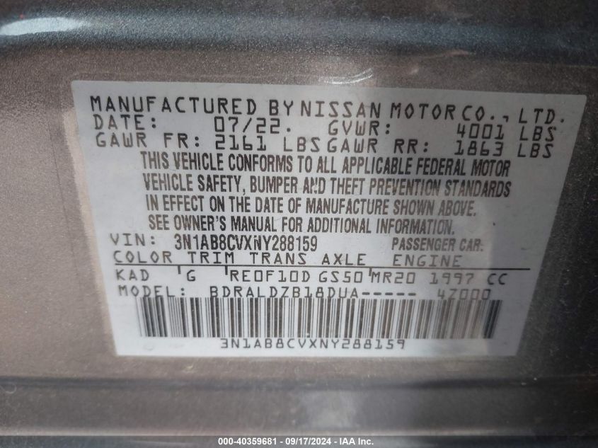 2022 Nissan Sentra Sv Xtronic Cvt VIN: 3N1AB8CVXNY288159 Lot: 40359681