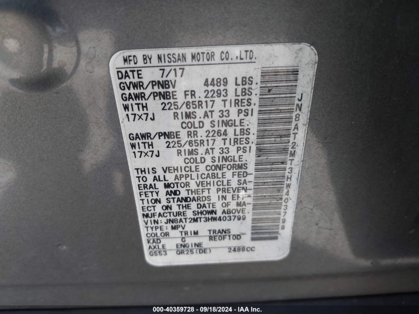 VIN JN8AT2MT3HW403799 2017 NISSAN ROGUE SV