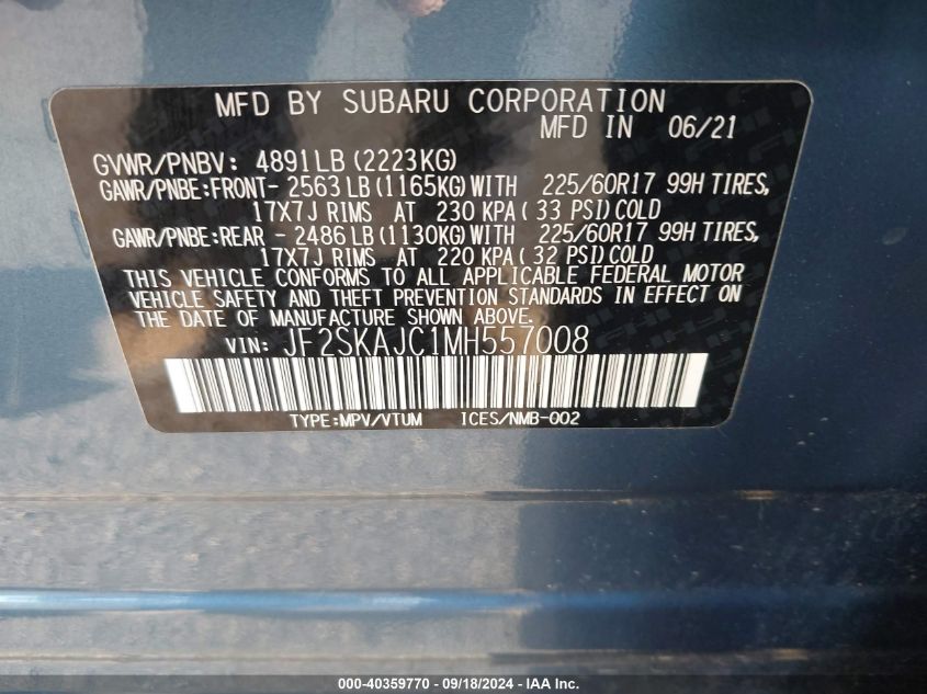 2021 Subaru Forester Premium VIN: JF2SKAJC1MH557008 Lot: 40359770