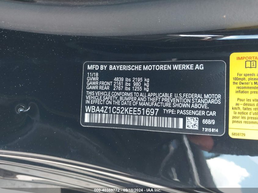 WBA4Z1C52KEE51697 2019 BMW 430I