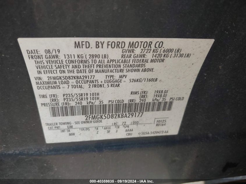 2FMGK5D82KBA29177 2019 Ford Flex Limited