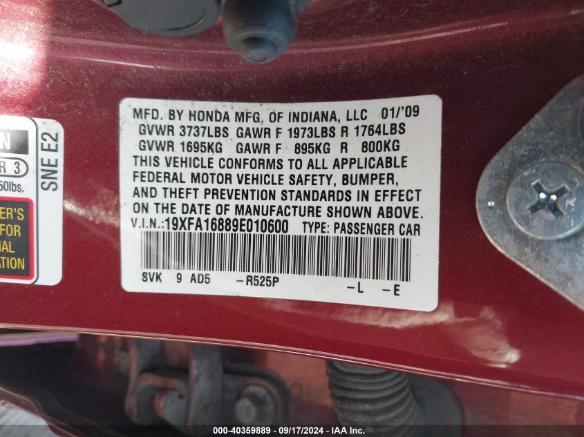 19XFA16889E010600 2009 Honda Civic Ex