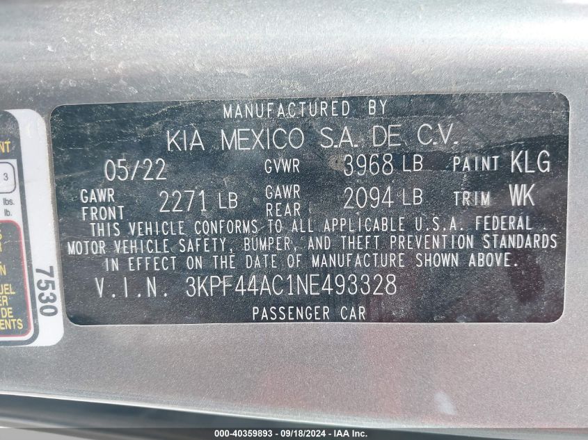 2022 Kia Forte Gt VIN: 3KPF44AC1NE493328 Lot: 40359893