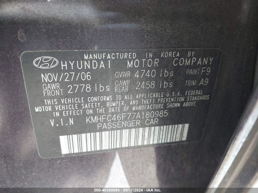 2007 Hyundai Azera Limited/Se VIN: KMHFC46F77A180985 Lot: 40359894