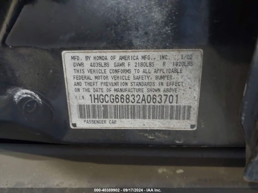 1HGCG66832A063701 2002 Honda Accord 2.3 Ex/2.3 Se