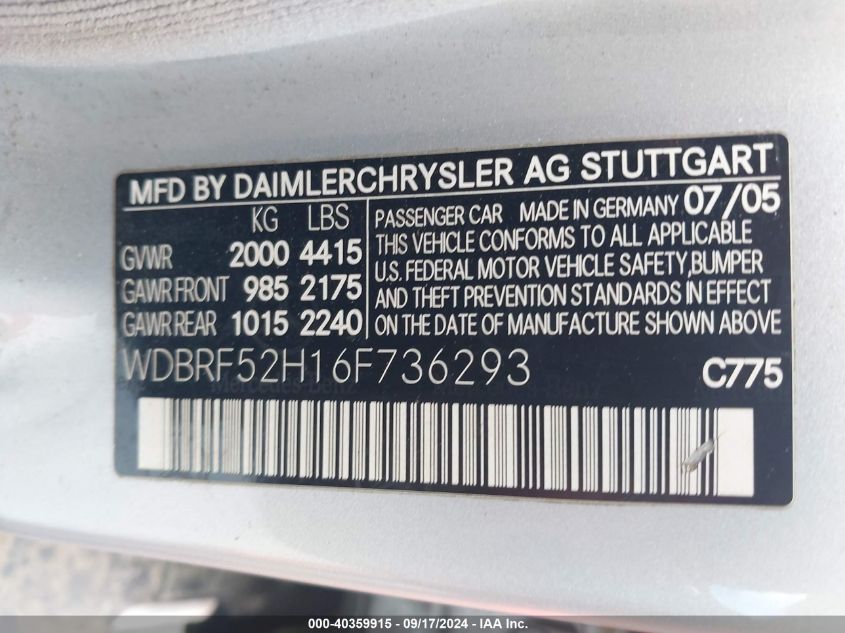 WDBRF52H16F736293 2006 Mercedes-Benz C 230 Sport