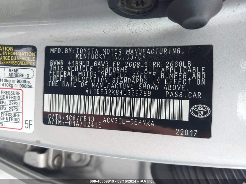 4T1BE32K84U329789 2004 Toyota Camry Le