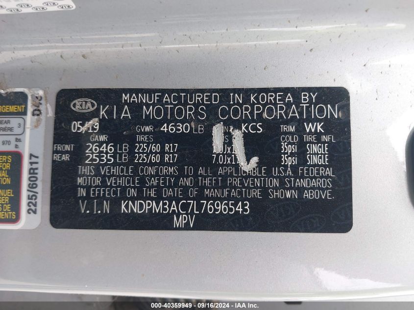 KNDPM3AC7L7696543 2020 Kia Sportage Lx