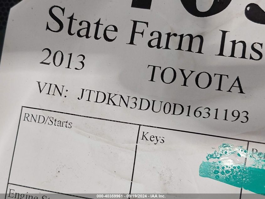 2013 Toyota Prius Two VIN: JTDKN3DU0D1631193 Lot: 40359961