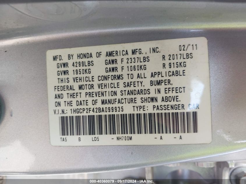 1HGCP2F42BA099935 2011 Honda Accord 2.4 Lx-P