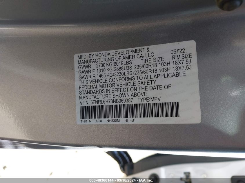 2022 Honda Odyssey Ex-L VIN: 5FNRL6H73NB069387 Lot: 40360144