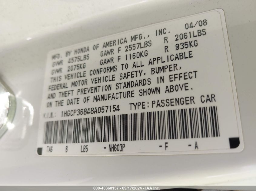 1HGCP36848A057154 2008 Honda Accord 3.5 Ex-L