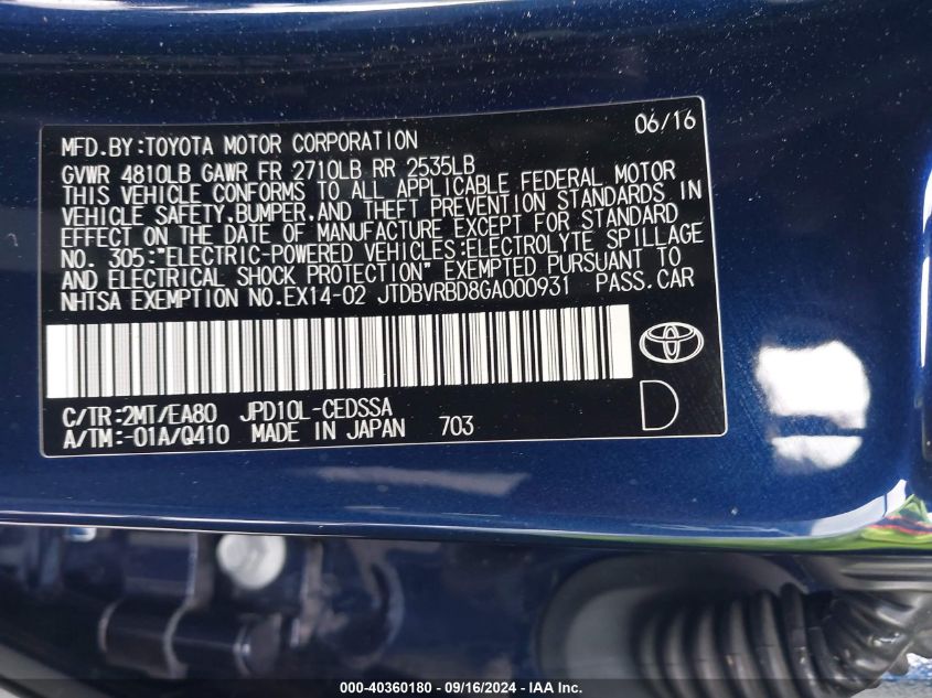 JTDBVRBD8GA000931 2016 Toyota Mirai