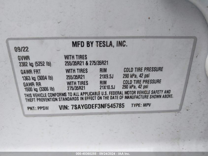 7SAYGDEF3NF545785 2022 Tesla Model Y