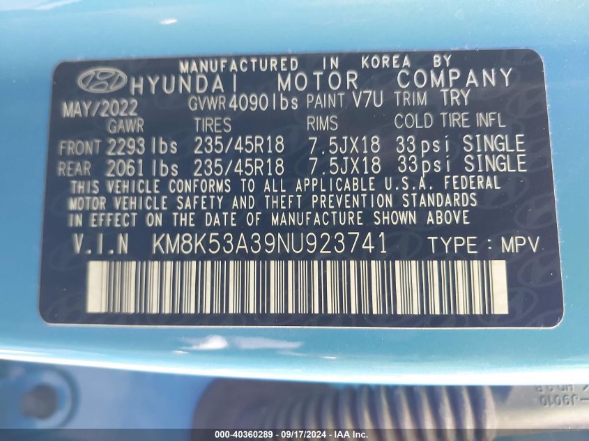 2022 Hyundai Kona Limited VIN: KM8K53A39NU923741 Lot: 40360289