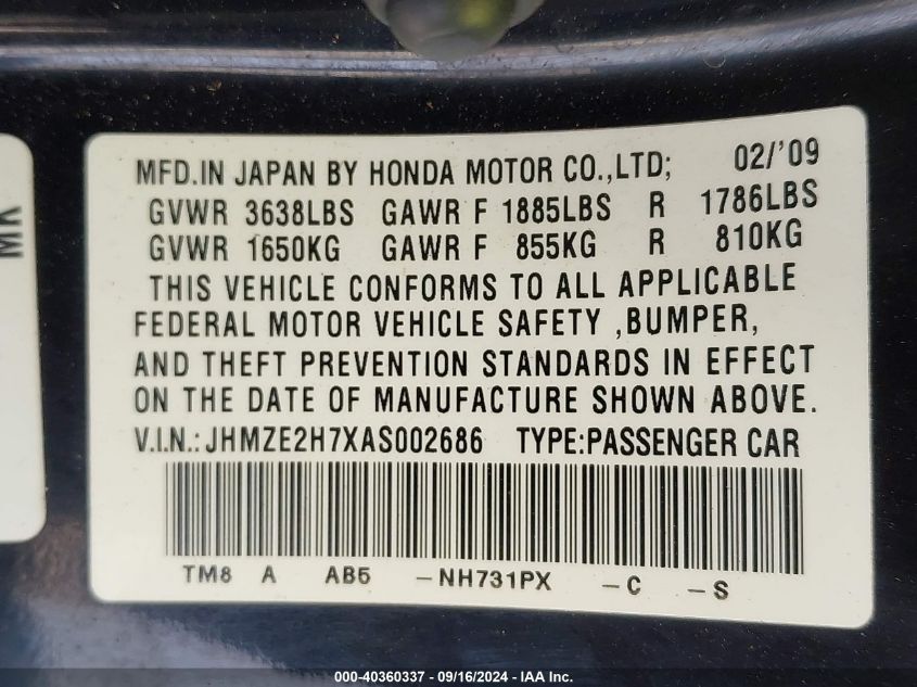 2010 Honda Insight Ex VIN: JHMZE2H7XAS002686 Lot: 40360337