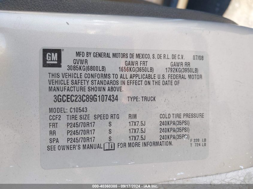 3GCEC23C89G107434 2009 Chevrolet Silverado 1500 Lt