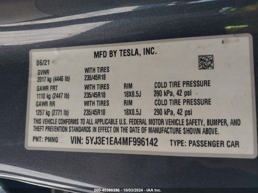 2021 Tesla Model 3 Standard Range Plus Rear-Wheel Drive VIN: 5YJ3E1EA4MF996142 Lot: 40360396