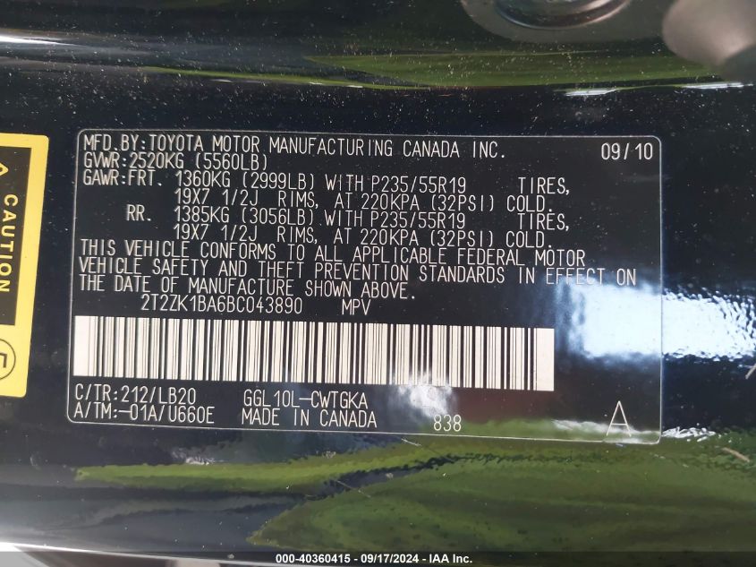 2T2ZK1BA6BC043890 2011 Lexus Rx 350