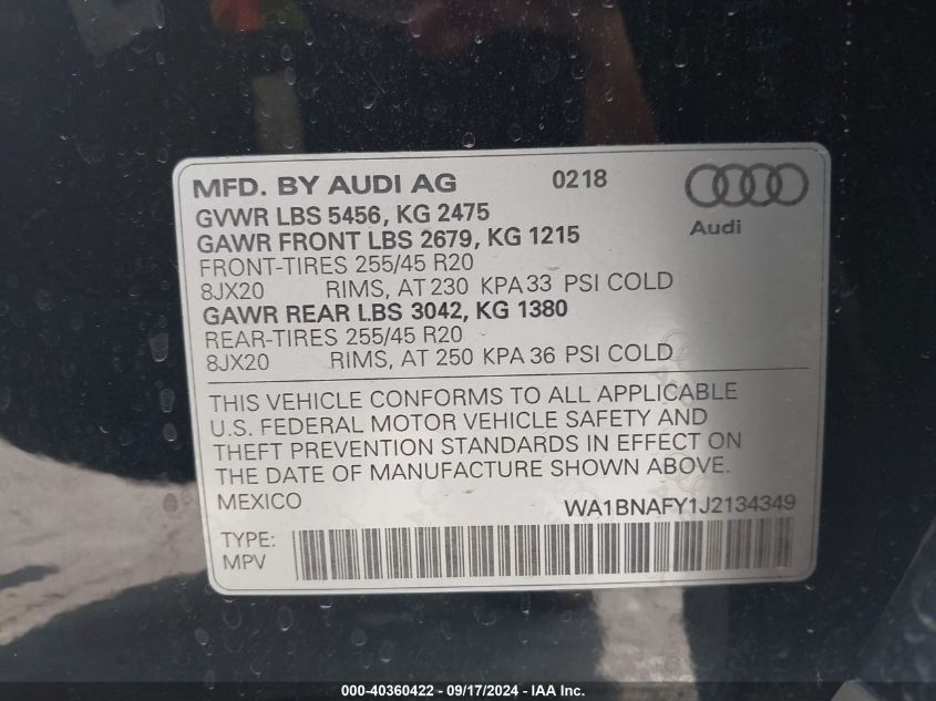 2018 Audi Q5 2.0T Premium/2.0T Tech Premium VIN: WA1BNAFY1J2134349 Lot: 40360422