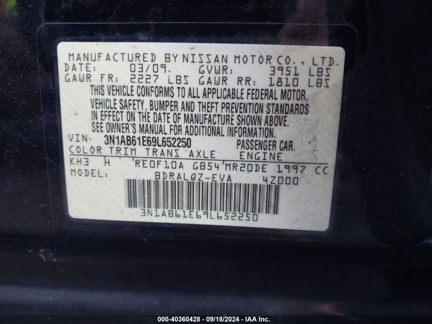 2009 Nissan Sentra 2.0 VIN: 3N1AB61E69L652250 Lot: 40360428