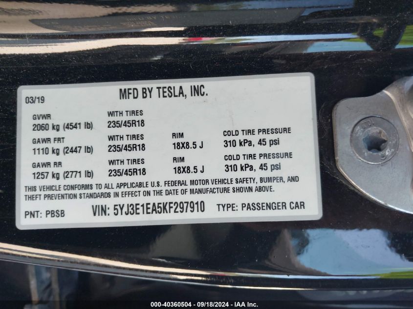 2019 Tesla Model 3 VIN: 5YJ3E1EA5KF297910 Lot: 40360504