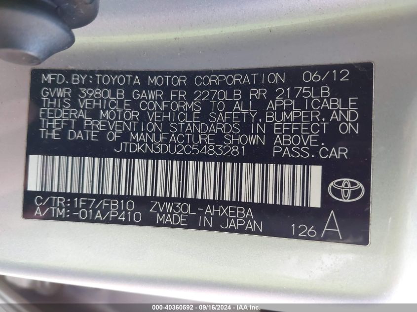 2012 Toyota Prius Two VIN: JTDKN3DU2C5483281 Lot: 40360592