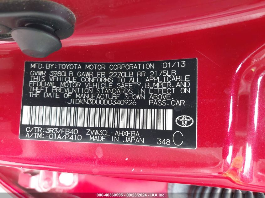 JTDKN3DU0D0340926 2013 Toyota Prius Three