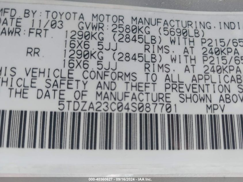 5TDZA23C04S087701 2004 Toyota Sienna Le