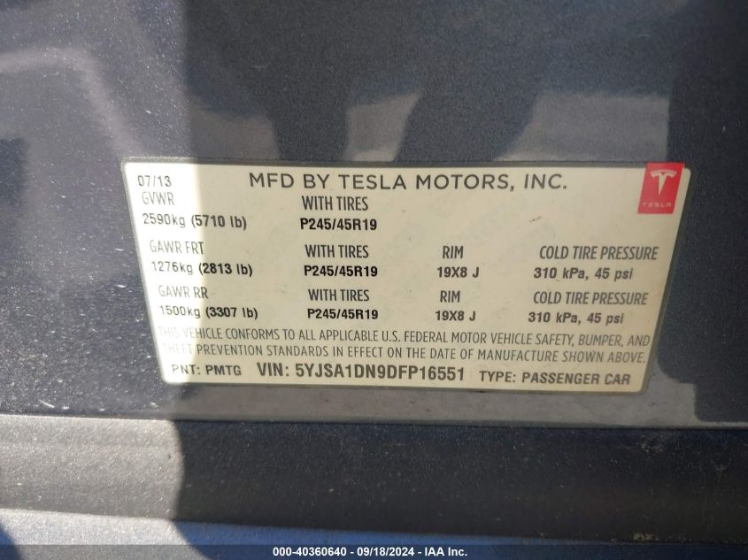 2013 Tesla Model S VIN: 5YJSA1DN9DFP16551 Lot: 40360640