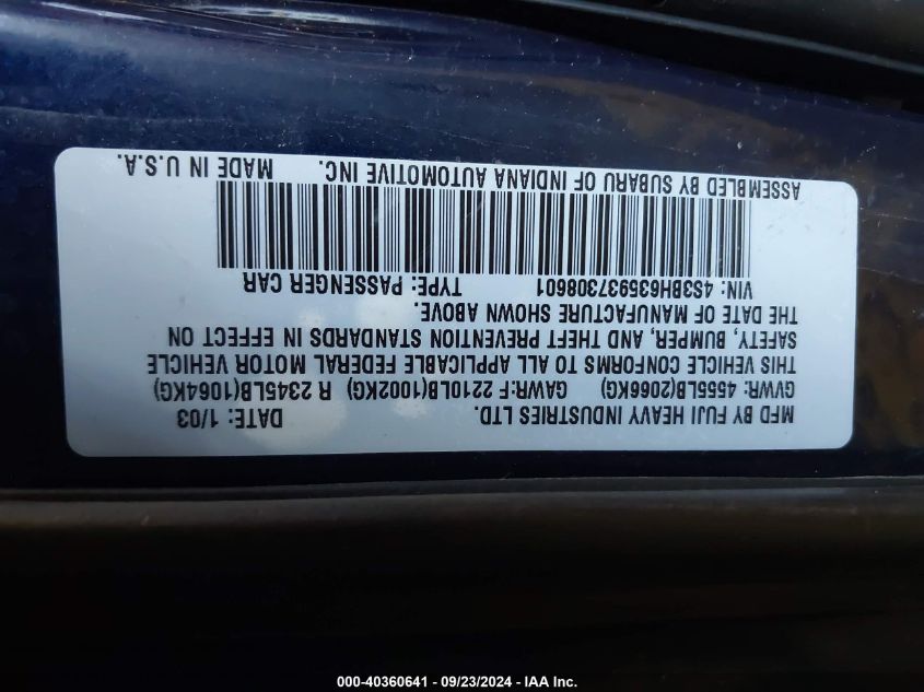 4S3BH635937308601 2003 Subaru Legacy L/L W/Special Edition Package