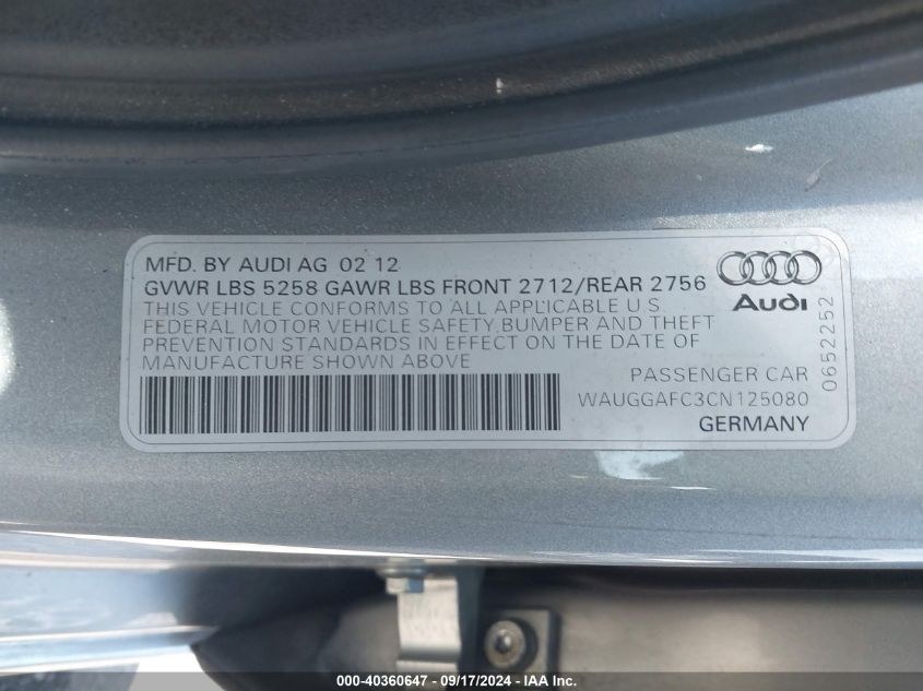 2012 Audi A6 3.0 Premium VIN: WAUGGAFC3CN125080 Lot: 40360647