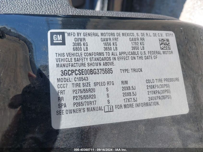 3GCPCSE00BG375685 2011 Chevrolet Silverado 1500 Lt