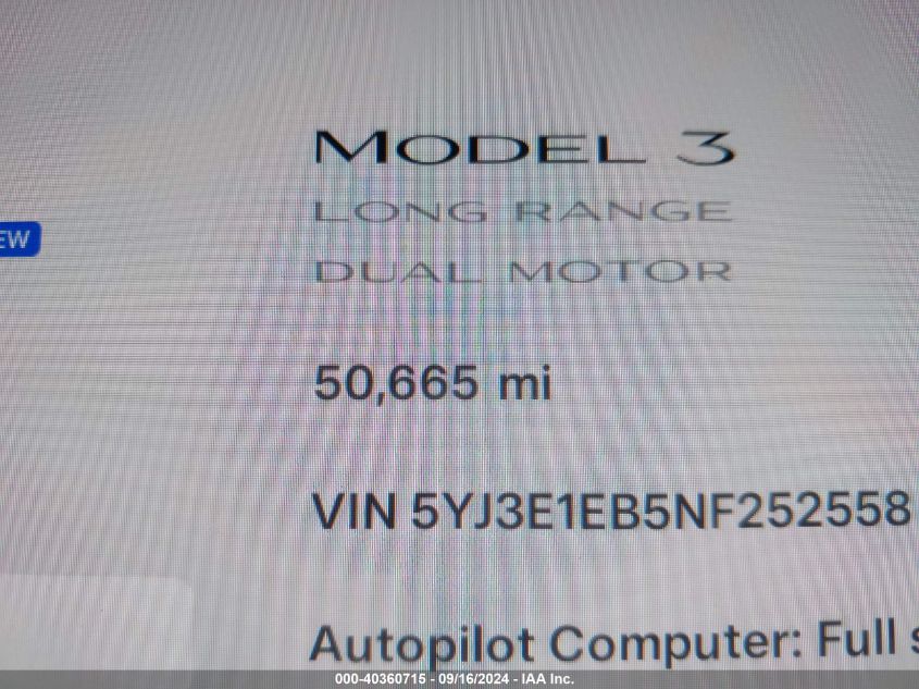 2022 Tesla Model 3 Long Range Dual Motor All-Wheel Drive VIN: 5YJ3E1EB5NF252558 Lot: 40360715