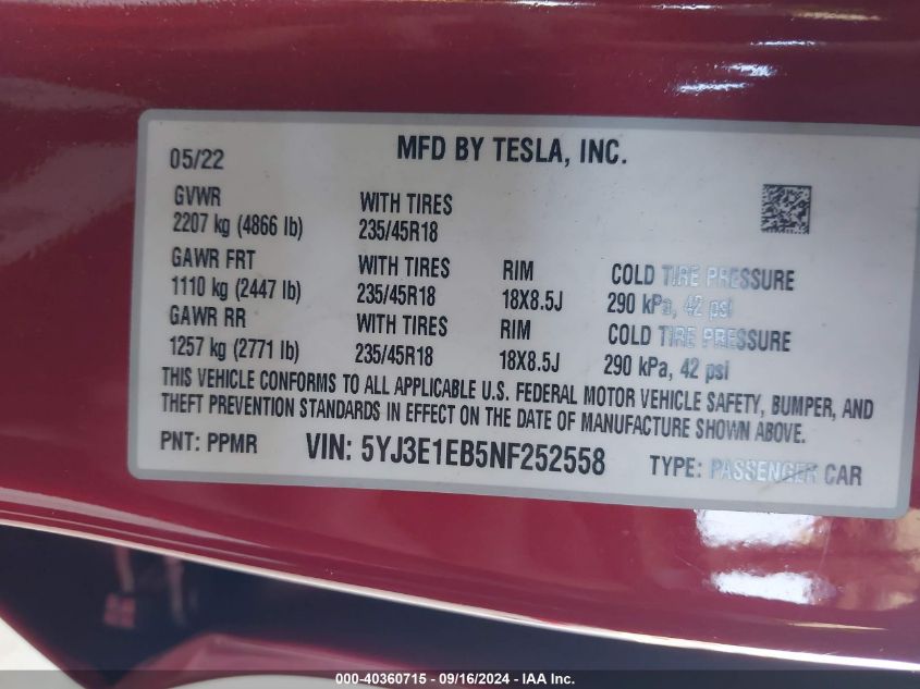 2022 Tesla Model 3 Long Range Dual Motor All-Wheel Drive VIN: 5YJ3E1EB5NF252558 Lot: 40360715