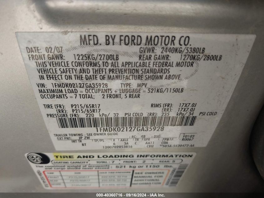 1FMDK02127GA35928 2007 Ford Freestyle Sel