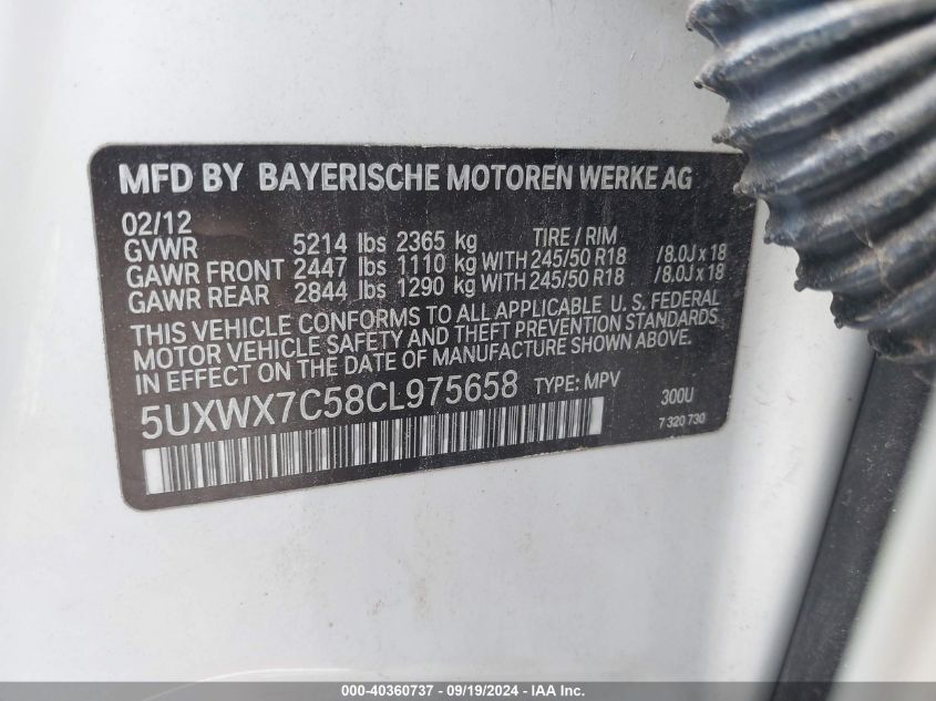 2012 BMW X3 xDrive35I VIN: 5UXWX7C58CL975658 Lot: 40360737