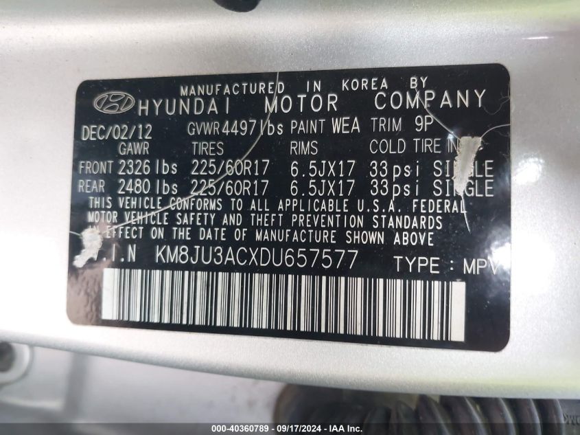 2013 Hyundai Tucson Gls VIN: KM8JU3ACXDU657577 Lot: 40360789