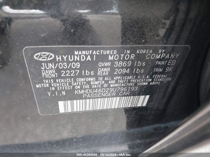 2009 Hyundai Elantra Gls VIN: KMHDU46D29U796193 Lot: 40360856