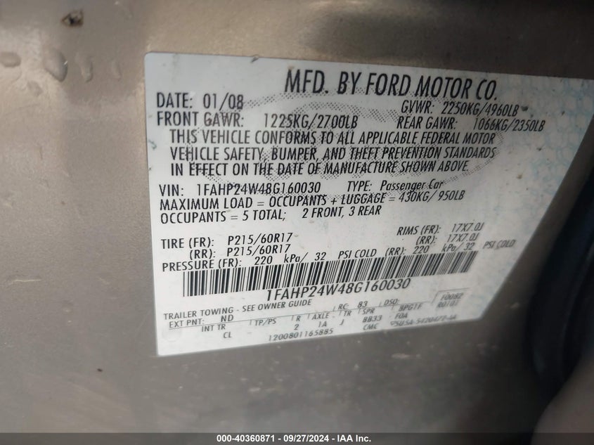 2008 FORD TAURUS VIN: 1FAHP24W48G160030