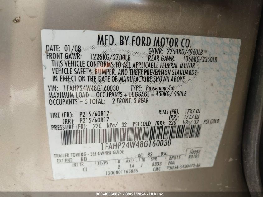 1FAHP24W48G160030 2008 Ford Taurus Sel