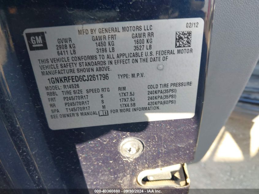 1GNKRFED6CJ261796 2012 Chevrolet Traverse Ls