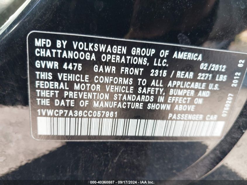 1VWCP7A36CC057961 2012 Volkswagen Passat 2.5L Sel