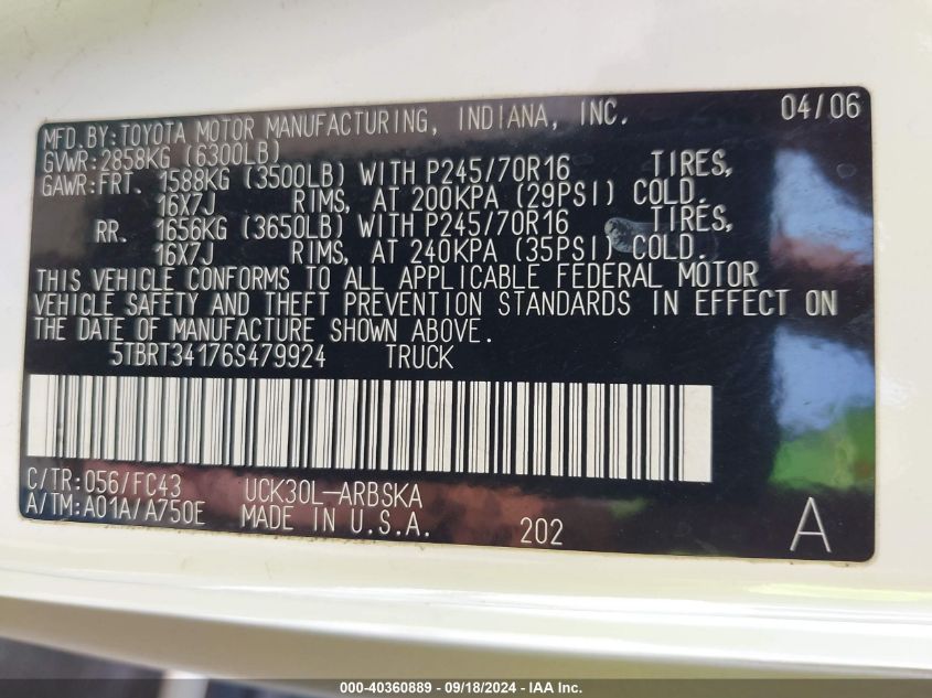 2006 Toyota Tundra Access Cab Sr5 VIN: 5TBRT34176S479924 Lot: 40360889