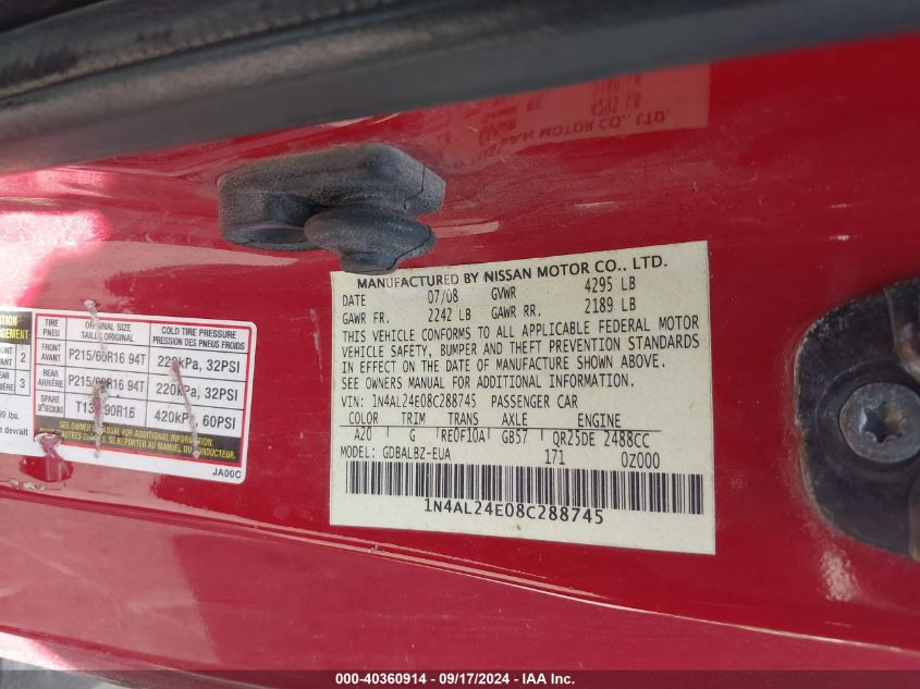 1N4AL24E08C288745 2008 Nissan Altima 2.5 S