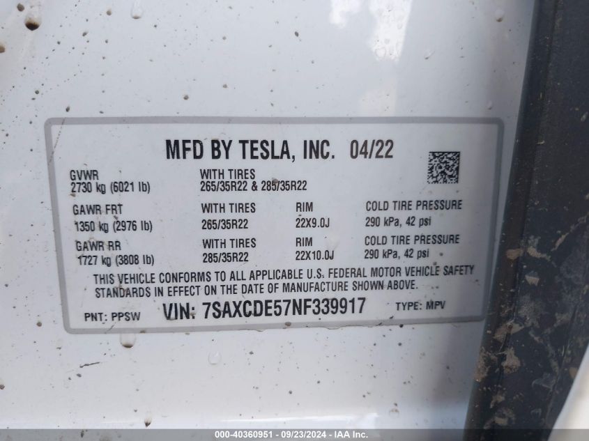 2022 Tesla Model X VIN: 7SAXCDE57NF339917 Lot: 40360951