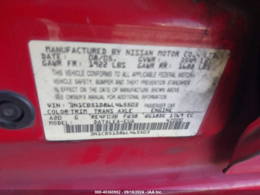 3N1CB51D86L465503 2006 Nissan Sentra 1.8/1.8S